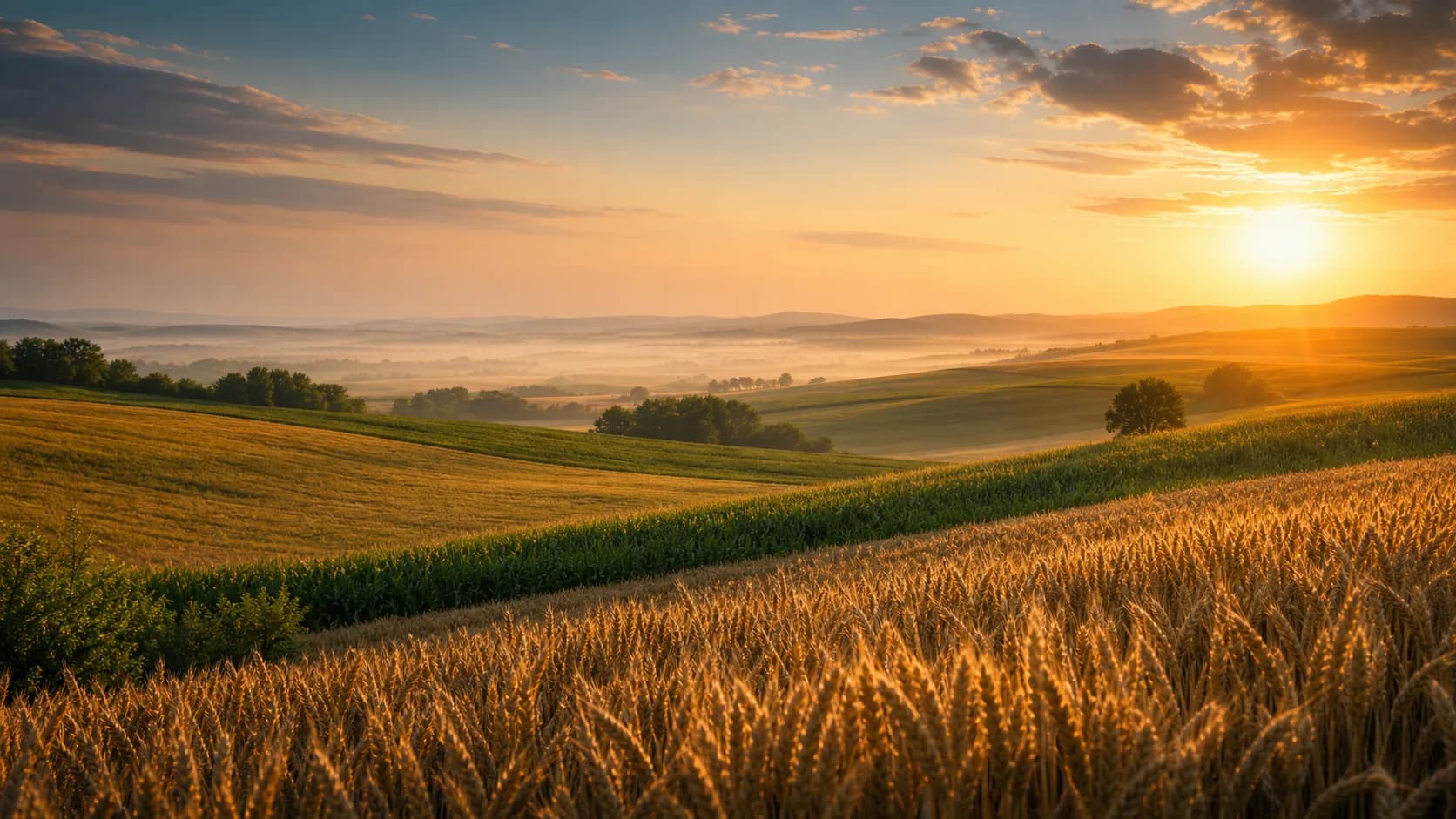 Campuri agricole cu grau la rasarit